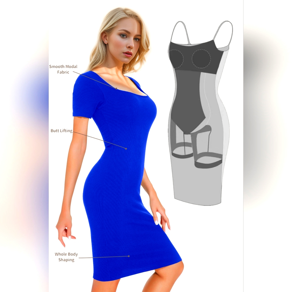 Basic Bae Full Size Built-In Shapewear Square Neck Short Sleeve Dress